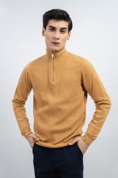 Mustard Wool Textured Half-Zip Sweater