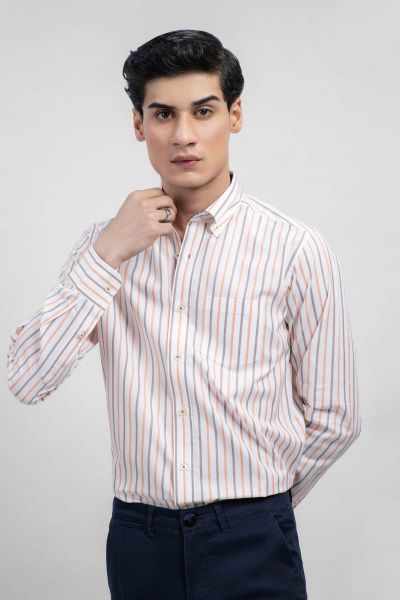 Orange & White Striped Button Down Shirt With Detailing
