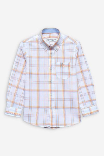 White and Orange Checkered Long Sleeve Casual Shirt