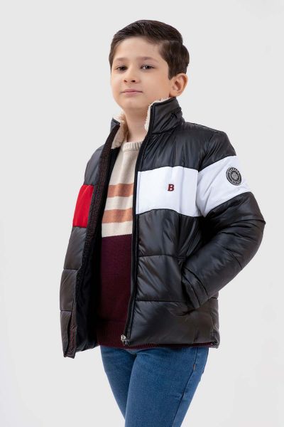 Black & Red Casual Puffer Jacket With Sherpa