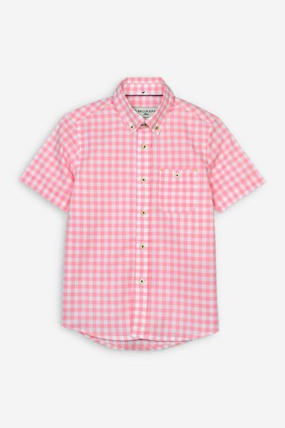 Peach Pink Gingham Short Sleeve Casual Shirt
