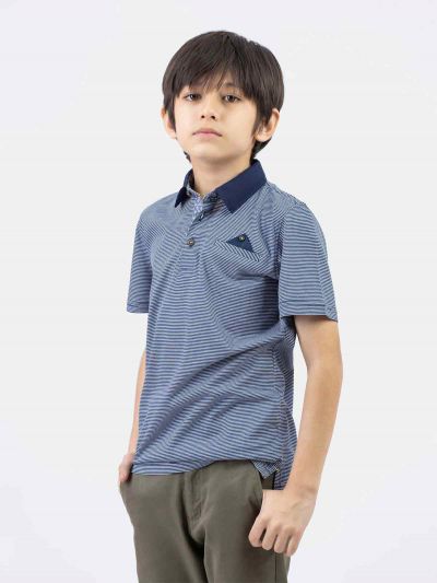 Blue Striped Casual Polo With Navy Blue Collar