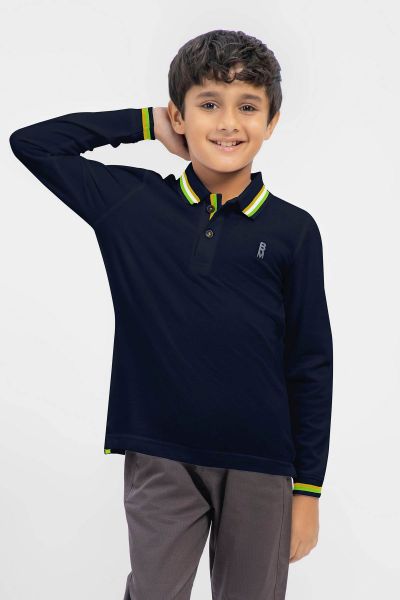 Navy Blue Contrasting Tipped Long Sleeve Pique Polo