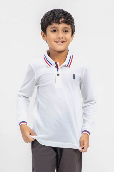 White Contrasting Tipped Long Sleeve Pique Polo