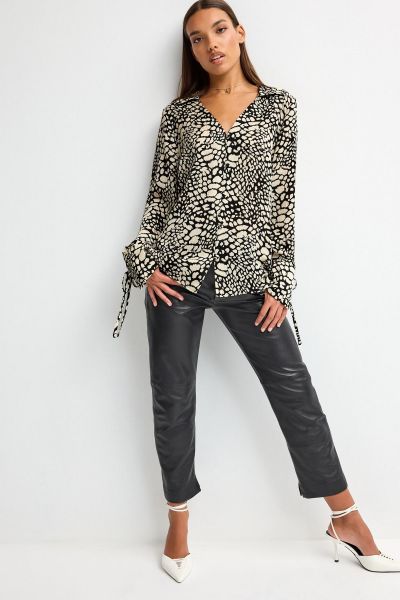 Tie Sleeve Textured Collared V-Neck Blouse