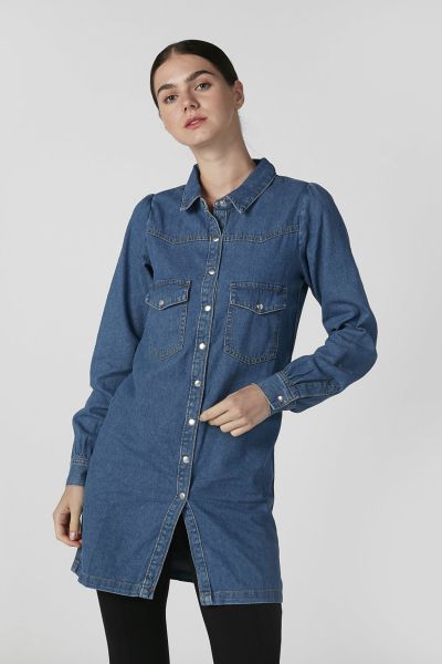 Denim Tunic with Spread Collar and Long Sleeves