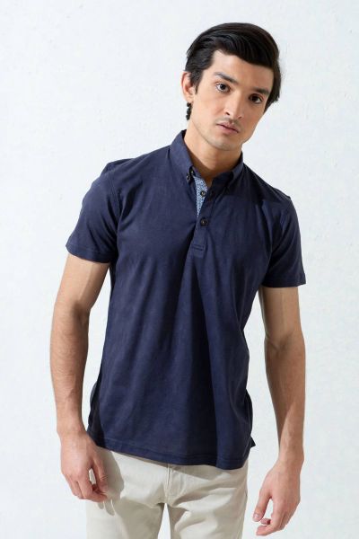 Navy Blue Jacquard Polo Shirt With Detailing