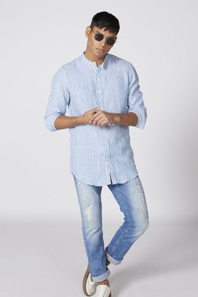 Striped Mandarin Collar Shirt with Long Sleeves and Complete Placket