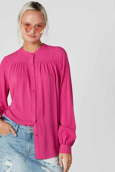 Long Sleeves Top With Gather Detail And Complete Placket