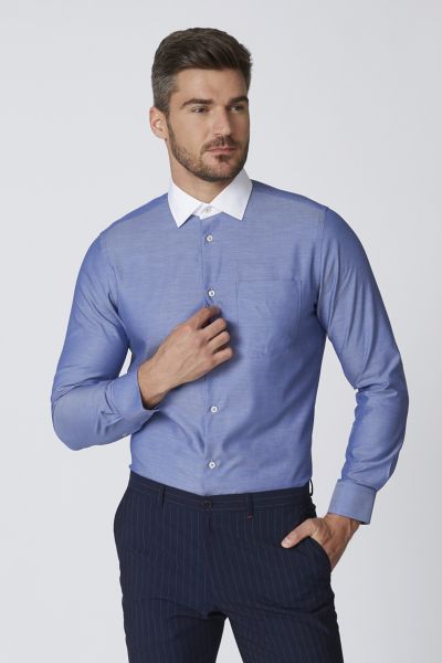 Solid Shirt with Contrast Spread Collar and Patch Pocket