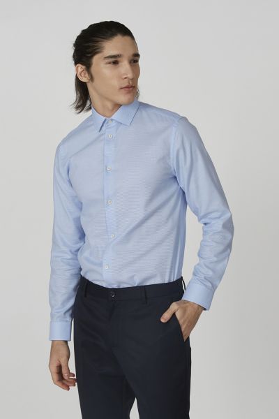 Textured Shirt with Spread Collar and Long Sleeves