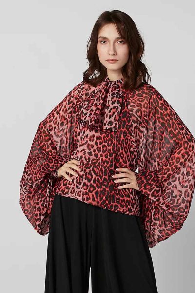 Wide Fit Animal Printed Top With Pussy Bow And Flared Sleeves