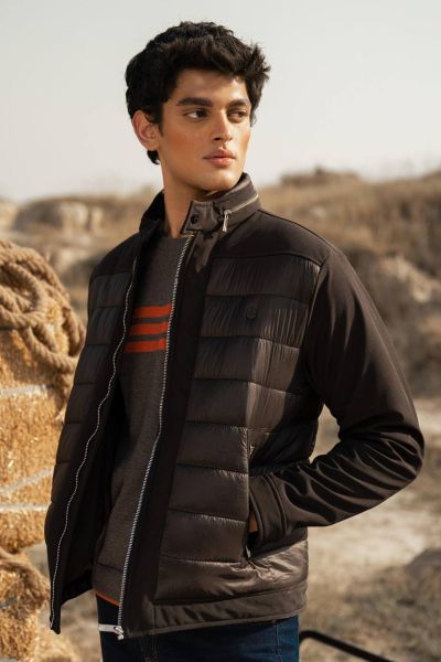Black Two Tone Quilted Jacket With Silver Zip