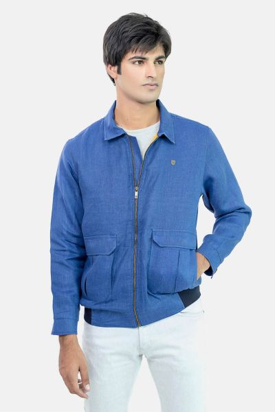 Blue 100% Linen Casual Collar Jacket