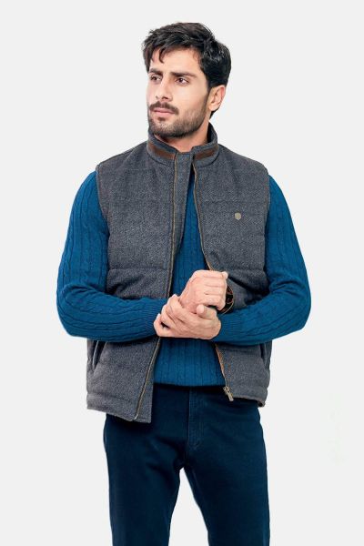 Grey Wool Structured Sleeveless Quilted Jacket