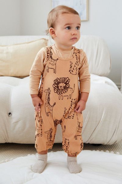 Rust Brown Safari Print Baby Dungarees And Bodysuit Set