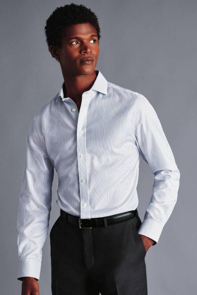 Royal And White Non-Iron Twill Stripe Slim Fit Shirt