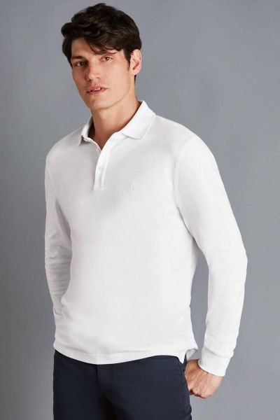 White Solid Long Sleeve Plain Cotton Tyrwhitt Pique Polo