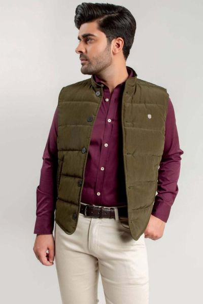 Olive Quilted Sleeveless Vest With Leather Detailing