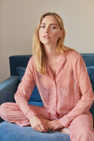 Long Pink Lace Shirt Pajamas