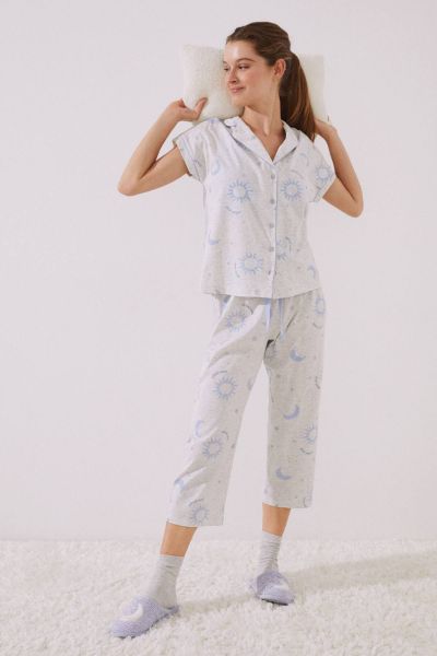 Blue Printed Cotton Capri Shirt Pajamas