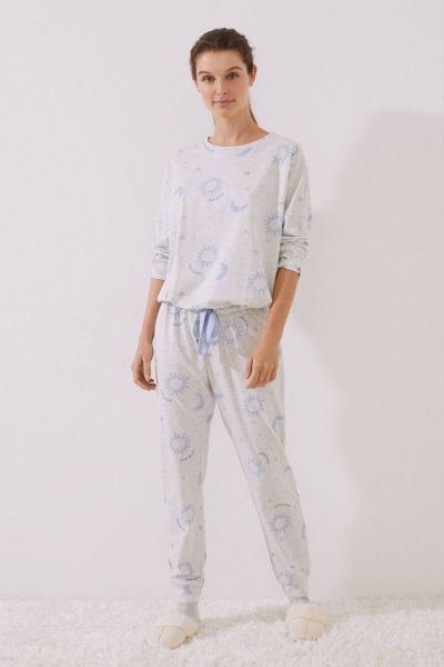 Long Cotton Pajamas With Blue Print Bow