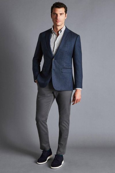 Denim Blue Herringbone Wool Texture Slim Fit Jacket 