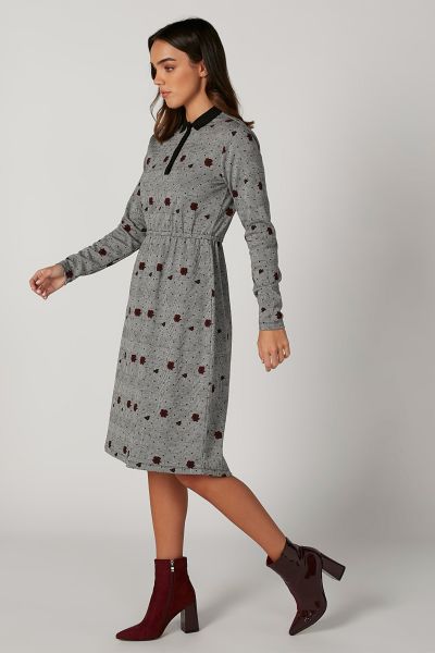 Printed Midi A-line Dress with Long Sleeves and Spread Collar