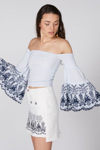 Embroidered Top with Off Shoulder and Flared Sleeves