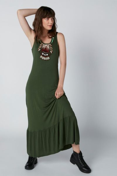 Embellished Sleeveless Maxi Dress with Ruffle Detail