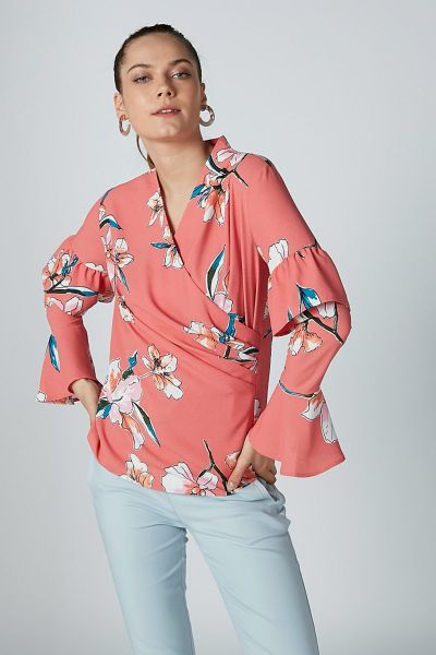 Floral Printed Wrap Top with V-neck and Long Sleeves