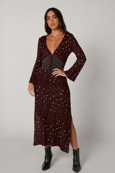 Textured Maxi Dress with Long Sleeves and Side Slit