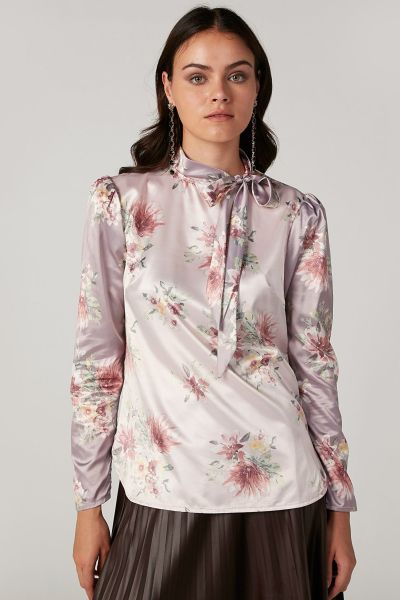 Floral Printed Top with Long Sleeves and Necktie