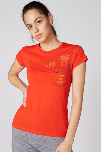Printed T-Shirt with Round Neck and Cap Sleeves
