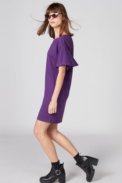 V-Neck Dress with Flared Sleeves and Pocket Detail