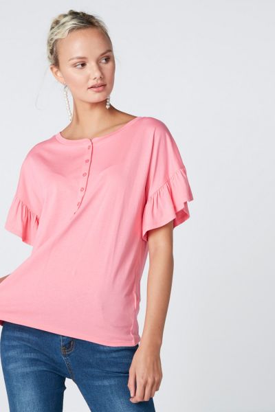 Henley Neck Top with Flared Sleeves