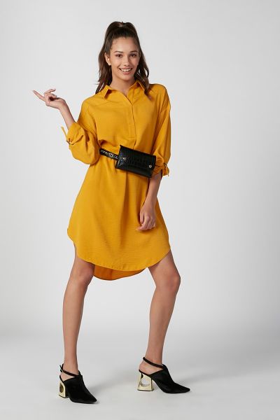 Plain Dress with Long Sleeves and Spread Collar