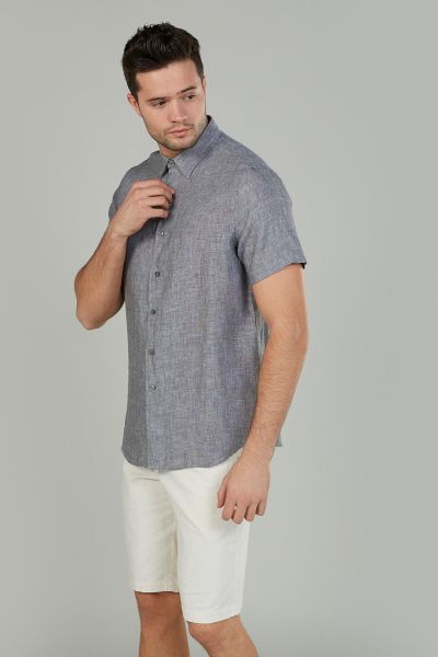 Slim Fit Textured Linen Shirt with Short Sleeves and Spread Collar