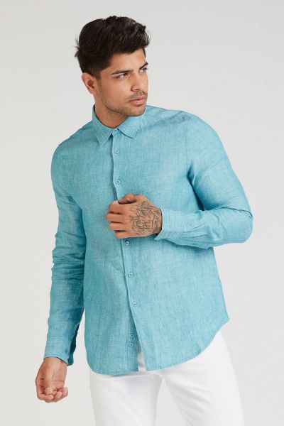 Slim Fit Textured Linen Shirt with Long Sleeves and Spread Collar