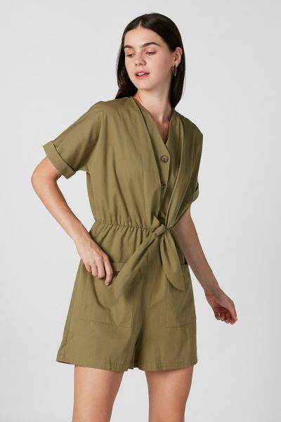Solid Playsuit with Short Sleeves and Pocket Detail