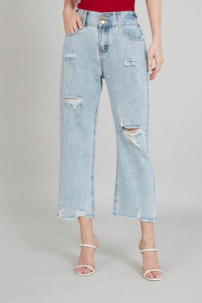 Distressed Cropped Mid-Rise Jeans with Pocket Detail and Belt Loops