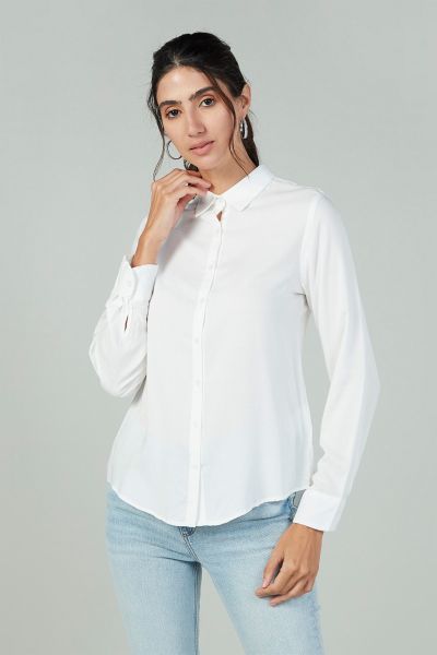Plain Shirt with Spread Collar and Long Sleeves