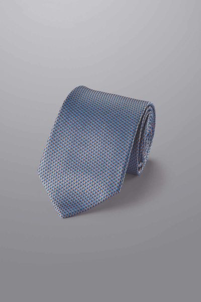 Ocean Blue And Orange Semi Plain Silk Stain Resistant Pattern Tie