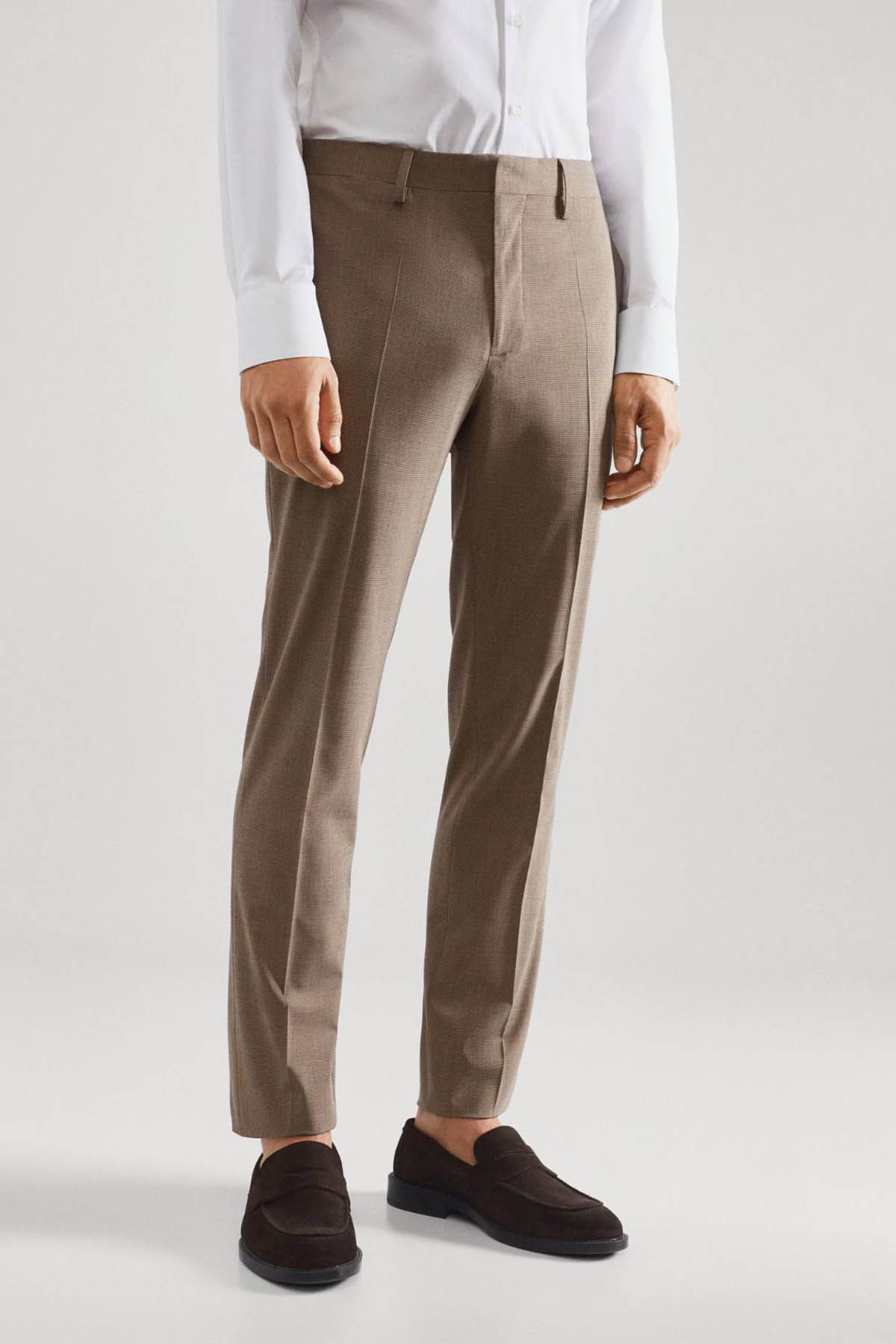 MANGO Micro Houndstooth Wool-Blend Slim-Fit Trousers in Beige | Endource