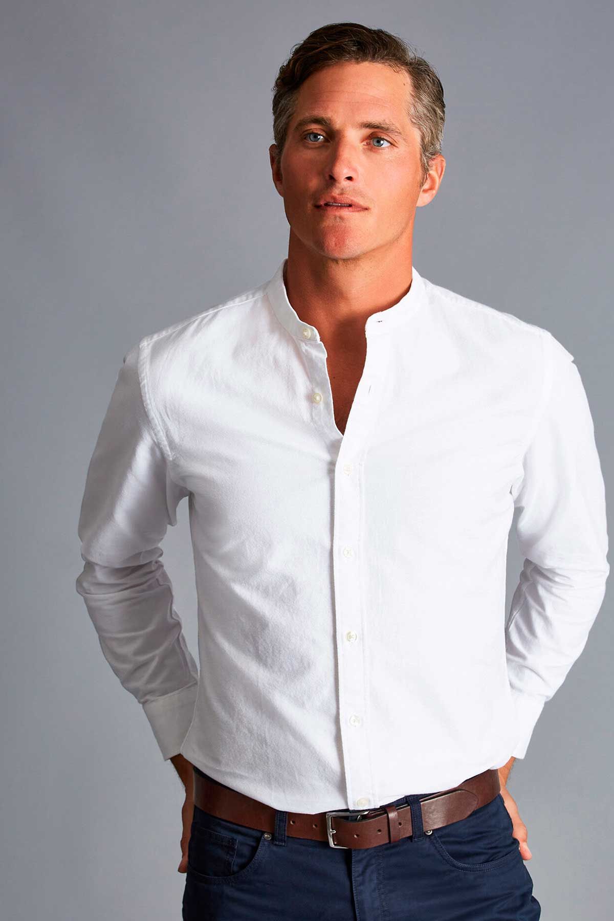 Slim fit hot sale white collarless shirt