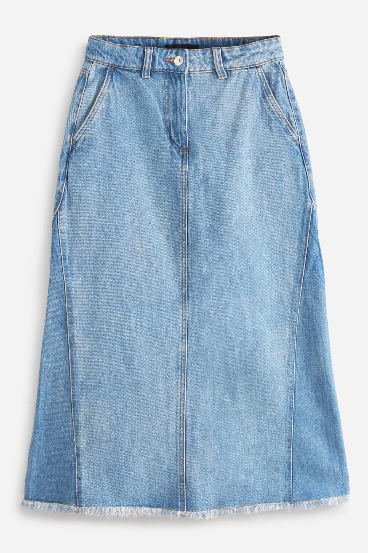 Adrift Denim Midi Skirt in Light Wash - Cotton Stretch, A-Line Silhouette –  Adrift Clothing