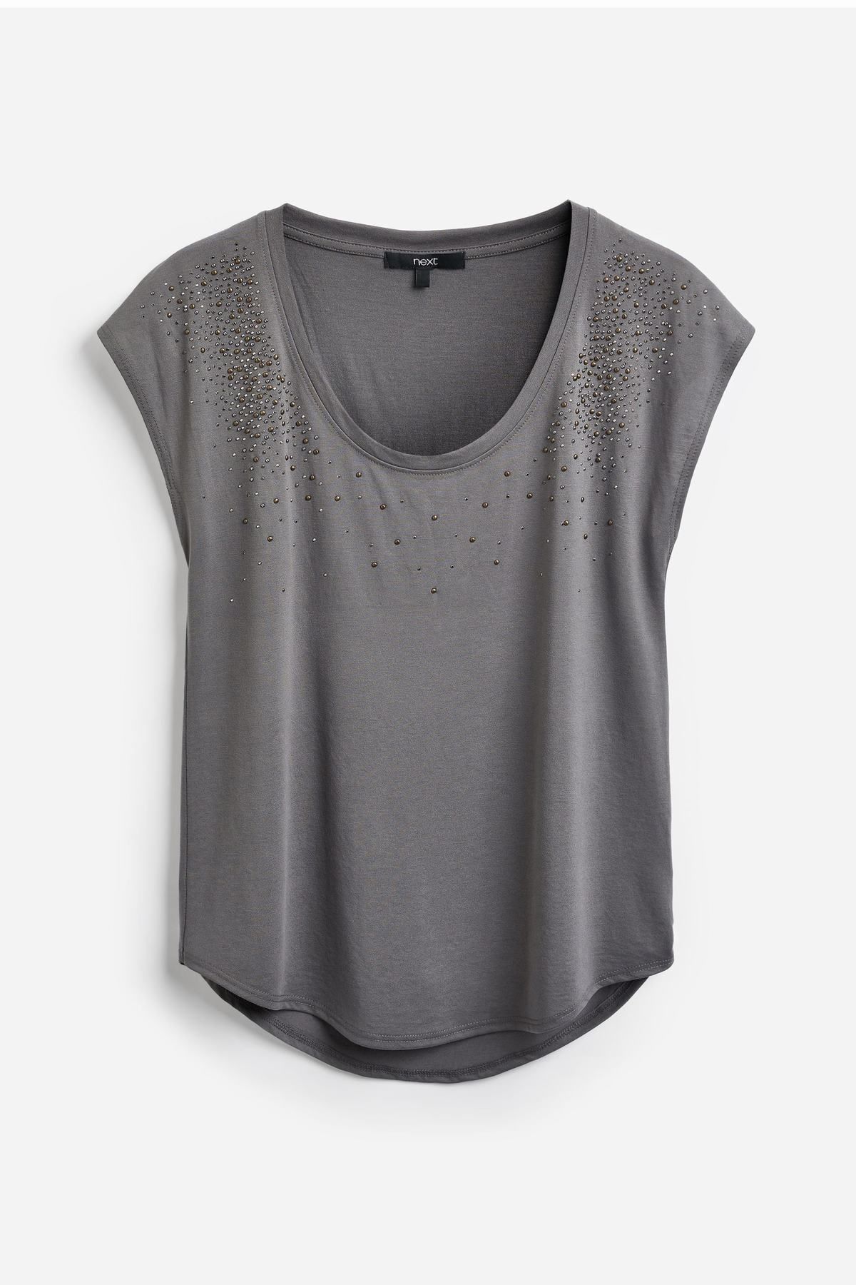 NEXT Short Sleeve Scoop Neck T-Shirt Charcoal Grey Embellished Women