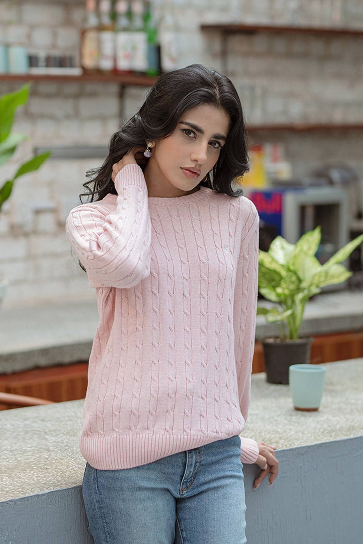 FITTED Pink Cable Knit Sweater Women Pink Women Sweaters