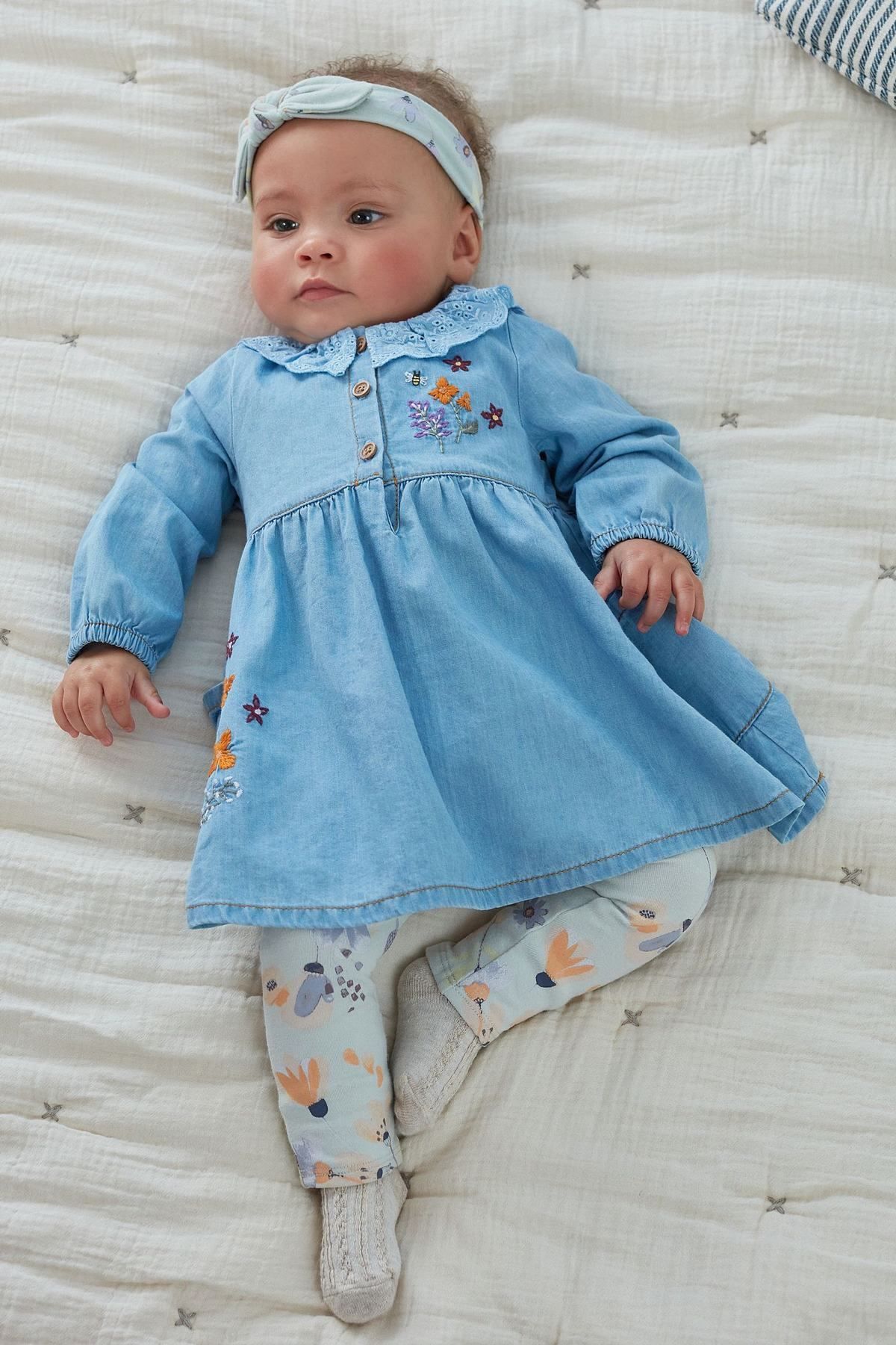 NEXT blue-denim-embroidered-baby-dress-with-floral-print-leggings