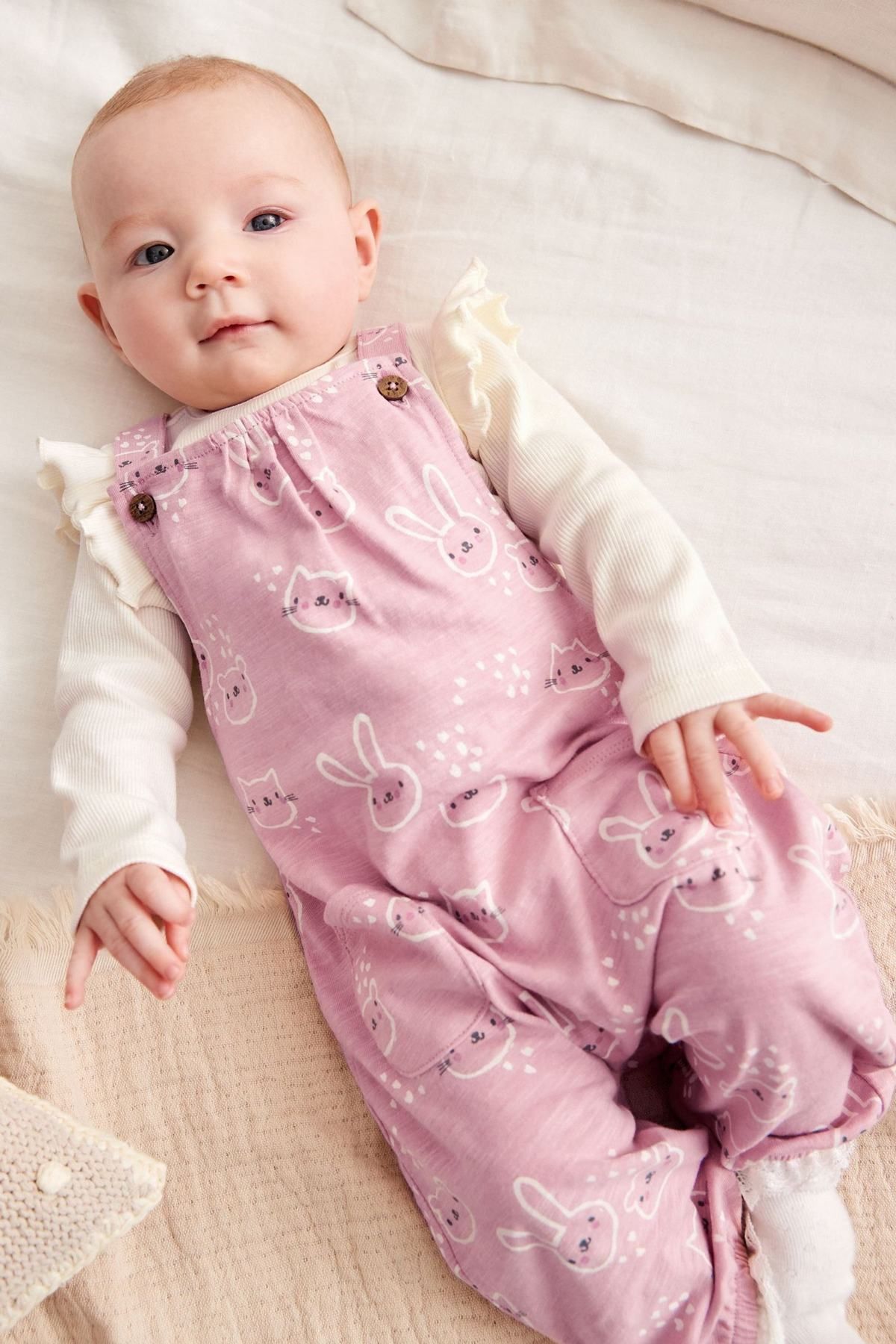 NEXT Jersey Printed Baby 2 Piece Dungarees And Bodysuit Set Pink Character  Girl Rompers